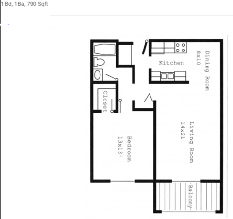 Floor plan for 1 bed, 1 bath